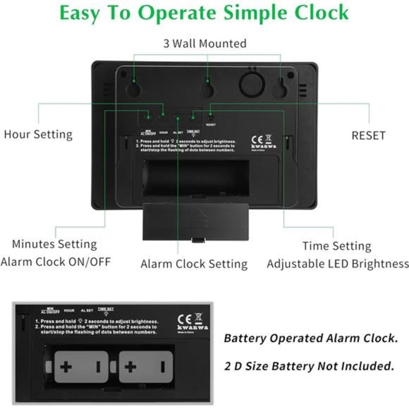 Alarm Clock, Wall Clock, Digital Clock, 3" LED Digit Display, Battery Operated - Picture 2 of 6